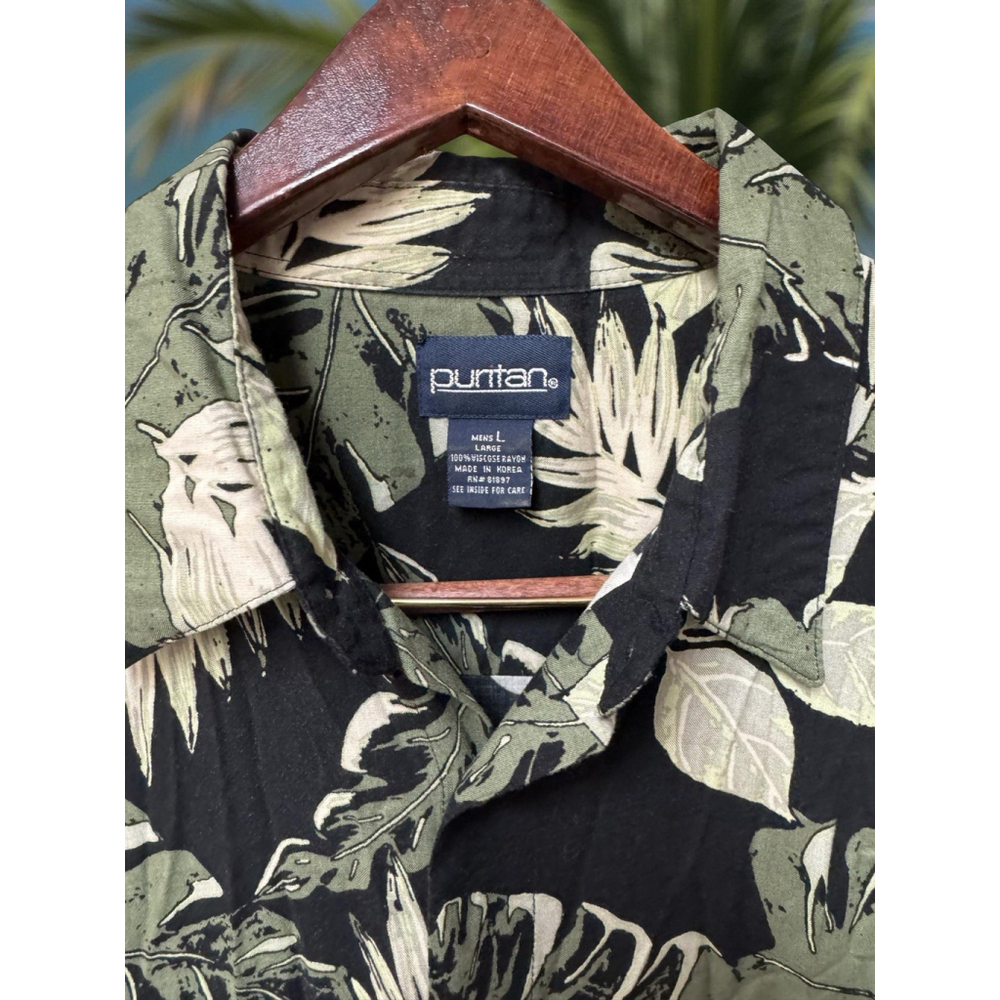 Puritan Short Sleeve Shirt Mens Size L 42-44 Hawaiian Green Tropical Aloha